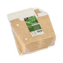 Przezroczysty, plastikowo zapakowany stos 50 brązowych PAPSTAR "czystych" pojemników na frytki z ekologicznej tektury z klapką, zielono-białą etykietą i informacjami o produkcie marki PAPSTAR GmbH.