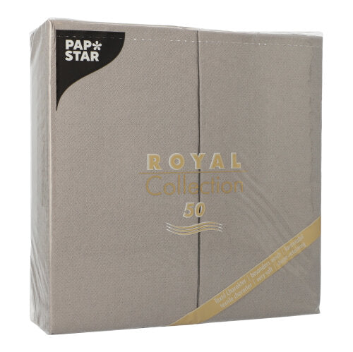 Eine versiegelte Packung mit 50 grauen PAPSTAR Servietten aus der „ROYAL Collection“, 1/8-Falz, 40 x 40 cm – ideal für elegant gedeckte Tische.