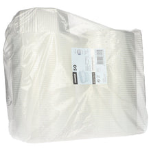 Eine durchsichtige Kunststoffverpackung mit 50 Starpak-Verpackungsbechern mit Klappdeckeln, 8-seitigen transparenten PP-Bechern, verfügt über ein rechteckiges weißes Etikett mit Produktinformationen und einem Barcode.