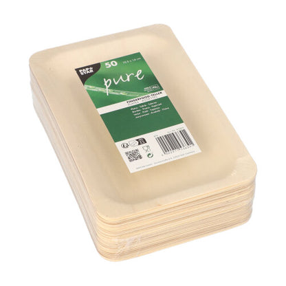 Ein 50er Set der PAPSTAR GmbH „pure“ Fingerfood-Teller aus Holz, umweltfreundlich und biologisch abbaubar, mit Produktetikett für nachhaltige Materialien und Lebensmitteleignung.