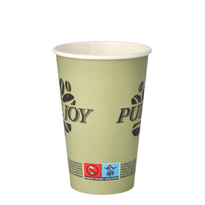 Der PAPSTAR 50 Trinkbecher, Pappe 0,3l der PAPSTAR GmbH ist ein hellgrüner Einweg-Pappbecher mit der Aufschrift „PURE JOY“ und Kaffeebohnen sowie einem kleinen Etikett mit Symbolen und Text am Boden. Der Becher ist leer und aufrecht auf weißem Hintergrund abgebildet.