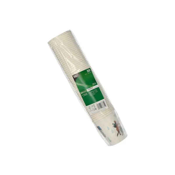 Stos 50 białych jednorazowych kubków papierowych PAPSTAR 0,2 l od PAPSTAR GmbH, częściowo z małym nadrukiem - idealne jako praktyczne kubki na przyjęcia lub na wydarzenia.