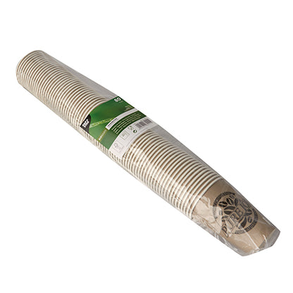 Stos PAPSTAR 80 kubków papierowych „Pure Joy“ firmy PAPSTAR GmbH w nowoczesnym designie, zapakowany w przezroczystą folię z zielono-białą etykietą.