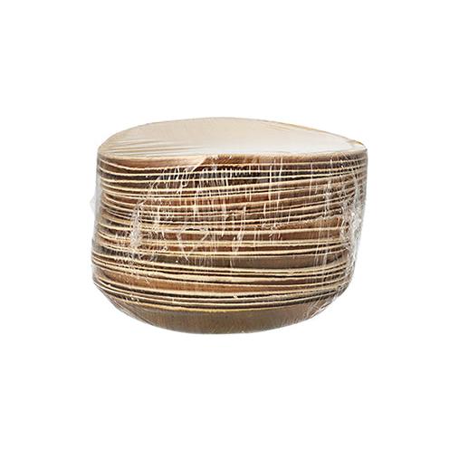 Ein Stapel PAPSTAR 25 Teller „pure“ rund Palmblatt Tellern (Ø 18,5 cm, 2,5 cm) von PAPSTAR GmbH im Karton (25 Stück), in klarer Folie verpackt vor weißem Hintergrund.