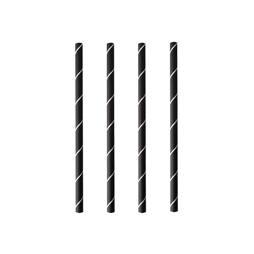 Vier PAPSTAR Cocktailstrohhalme 7 mm, schwarz/weiß "Stripes" (Folie, 15 cm), der Marke PAPSTAR GmbH, sind vertikal und gleichmäßig auf weißem Hintergrund angeordnet.