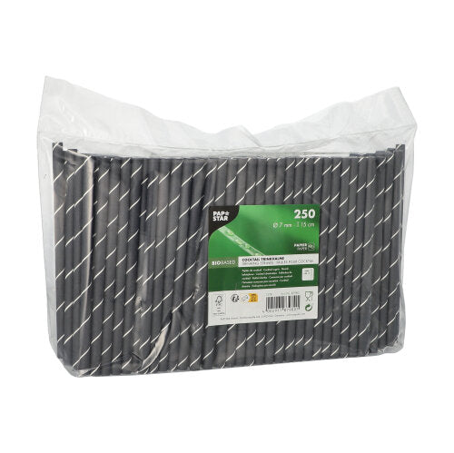 Eine durchsichtige Kunststoffverpackung enthält 250 PAPSTAR Cocktailstrohhalme 7 mm, schwarz/weiß "Stripes", 15 cm. Das Etikett der PAPSTAR GmbH zeigt Produktinfos und umweltfreundliche Symbole.