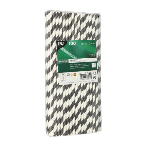 Prostokątne opakowanie z 100 PAPSTAR 6 mm papierowych słomek od PAPSTAR GmbH stoi pionowo i ma zielono-białą etykietę z informacjami o produkcie i kodem kreskowym. Te ekologiczne słomki są biodegradowalne i zrównoważone.