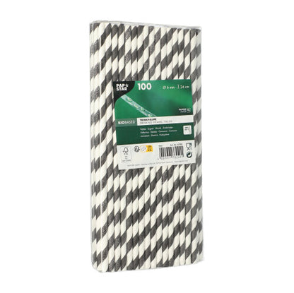 Prostokątne opakowanie z 100 PAPSTAR 6 mm papierowych słomek od PAPSTAR GmbH stoi pionowo i ma zielono-białą etykietę z informacjami o produkcie i kodem kreskowym. Te ekologiczne słomki są biodegradowalne i zrównoważone.