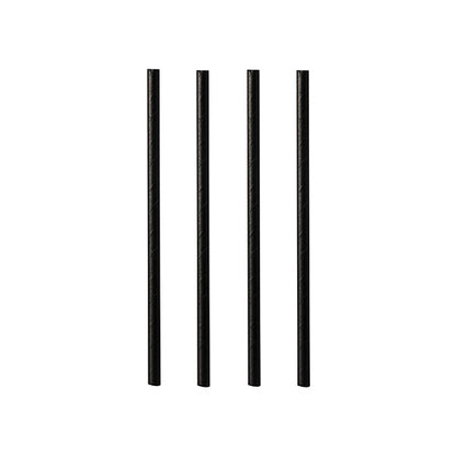 Cztery czarne PAPSTAR papierowe słomki koktajlowe (7 mm x 10 cm) od PAPSTAR GmbH stoją pionowo w rzędzie na białym tle.