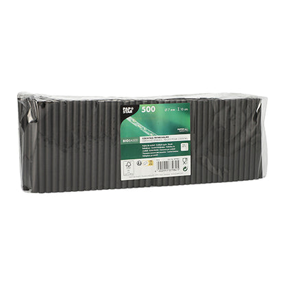 500 PAPSTAR papierowych słomek koktajlowych (7 mm, 10 cm, czarne) zapakowane w przezroczystą folię od PAPSTAR GmbH. Słomki z papieru biopochodnego, starannie ułożone, są idealne na koktajle i wydarzenia. Zielona i biała etykieta na przedniej stronie.