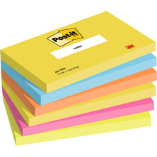 Stos sześciu prostokątnych karteczek samoprzylepnych Post-it® Notes, Energetic Collection (76 mm x 127 mm, 100 arkuszy/blok), od 3M Deutschland GmbH. Zawiera różne kolory i pokazuje logo Post-it oraz logo 3M na górnym bloku. 100% certyfikowane przez PEFC.