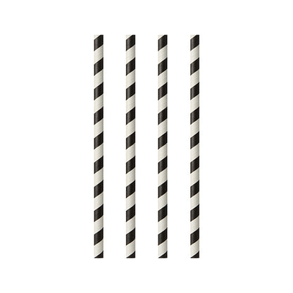 Vier PAPSTAR GmbH Papiertrinkhalme, aus dem Set „25 Trinkhalme, Ø 6 mm · 20 cm schwarz/weiß Streifen“, sind mit Streifenmuster vertikal und gleichmäßig auf weißem Hintergrund angeordnet.