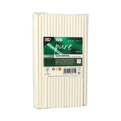 Przezroczyste opakowanie PAPSTAR GmbH zawiera 100 papierowych słomek „pure“ (Ø 6 mm, 20 cm), prezentowanych pionowo z zieloną etykietą z napisem „biobased“. Gęsto zapakowane, te słomki są przyjazną dla środowiska alternatywą.