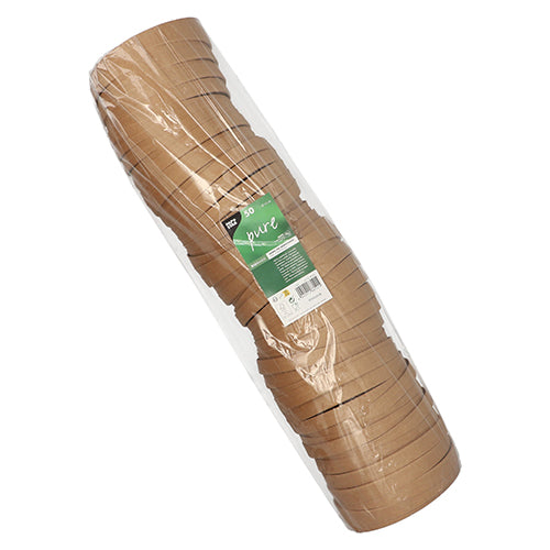 Ein Stapel mit 50 braunen, runden Salatschüsseldeckeln (Ø 15 cm) aus Karton in transparenter Folie der PAPSTAR GmbH mit grün-weißem Etikett – ideal für Lebensmittelverpackungen und kompatibel mit umweltfreundlichen Salatschüsseln.