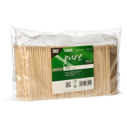 1.000 sztuk PAPSTAR wykałaczek do finger food z drewna "pure" (Ø 3 mm, 10 cm) firmy PAPSTAR GmbH z przezroczystego plastiku z zielono-białą etykietą, idealne do gastronomii.