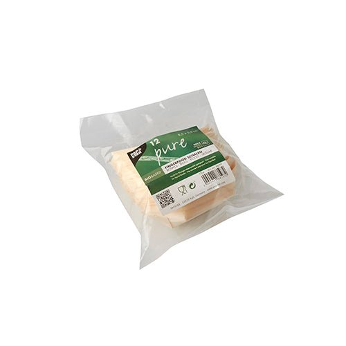 Przezroczyste opakowanie z tworzywa sztucznego zawiera 12 PAPSTAR miseczek na fingerfood z drewna "pure" w kształcie łódki (8,5x5,5 cm) od PAPSTAR GmbH, z zielono-białą etykietą z oznaczeniami recyklingu i ochrony środowiska.