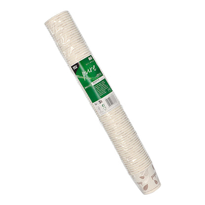 Eine Packung mit 60 Einwegbechern 80 „pure“ der PAPSTAR GmbH aus weißem Karton, gestapelt und verpackt in einer transparenten Hülle mit grünem „pure“-Etikett und Produktinformationen.