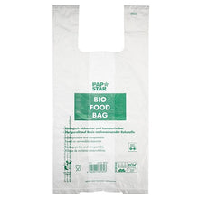 100 torebek na koszule PAPSTAR GmbH to przezroczyste, biodegradowalne torby z biofolii na rolce z zielonym tekstem „PAP STAR BIO FOOD BAG” i wielojęzycznymi informacjami o kompostowalności i odnawialnych surowcach.