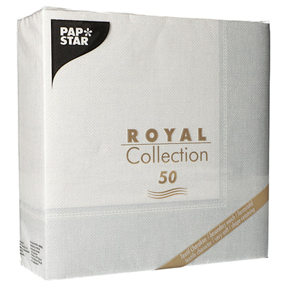 Ein 50er-Pack PAPSTAR Servietten "ROYAL Collection" 1/4-Falz, 40 x 40 cm in weiß, von der PAPSTAR GmbH, mit plakativem Branding und Kollektionsdetails auf der Verpackung.