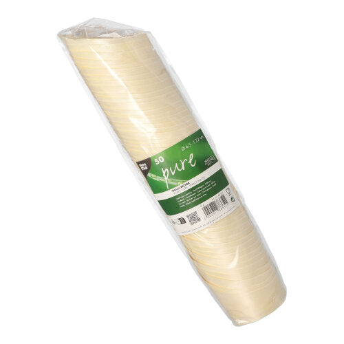 Eine Packung mit 50 PAPSTAR Holz „pure“ Snackbechern (7,2 cm hoch) der PAPSTAR GmbH, verpackt in transparenter Folie mit grün-weißem Etikett – perfekt zum umweltfreundlichen Servieren von Snacks.