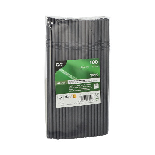 Zapieczętowane opakowanie z 100 PAPSTAR 6 mm papierowych słomek od PAPSTAR GmbH jest przedstawione pionowo. Opakowanie pokazuje informacje o produkcie, kod kreskowy i symbole specyfikacji oraz certyfikacji.