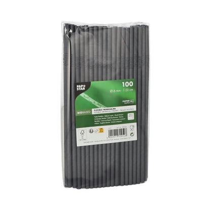 Zapieczętowane opakowanie z 100 PAPSTAR 6 mm papierowych słomek od PAPSTAR GmbH jest przedstawione pionowo. Opakowanie pokazuje informacje o produkcie, kod kreskowy i symbole specyfikacji oraz certyfikacji.