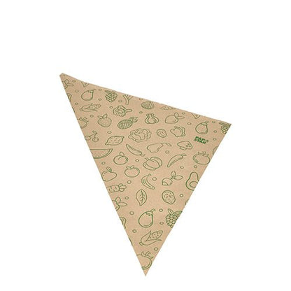 1000 rożków papierowych PAPSTAR, brązowy papier kraftowy „Fruits & Vegs” od PAPSTAR GmbH to ekologiczne, brązowe trójkątne serwetki papierowe z zielonymi obramowaniami ilustracji owoców i warzyw.