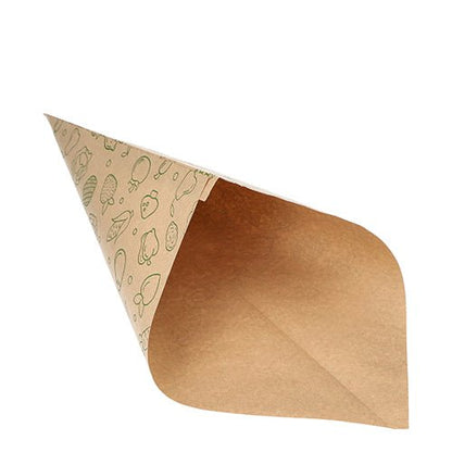 1000 rożków papierowych PAPSTAR, brązowy papier kraftowy „Fruits & Vegs” od PAPSTAR GmbH są przedstawione puste, z jasnymi zielonymi ilustracjami owoców i warzyw, sfotografowane na białym tle.