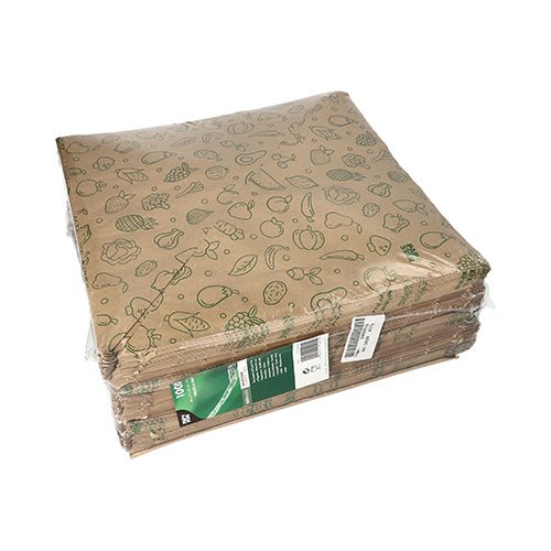 PAPSTAR 1000 rożków papierowych z brązowego papieru kraftowego „Fruits & Vegs” z zielonymi ilustracjami żywności, w przezroczystej torbie z zielono-białą etykietą - idealne do ekologicznego transportu owoców i warzyw.