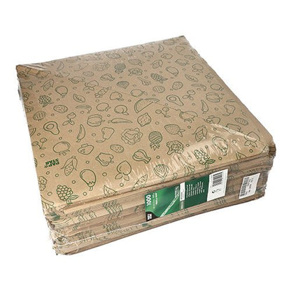 Stos PAPSTAR 1000 rożków papierowych, brązowy papier kraftowy „Fruits & Vegs” od PAPSTAR GmbH, z zielonymi ilustracjami owoców i warzyw, zapakowany w przezroczystą folię z boczną zielono-białą etykietą.