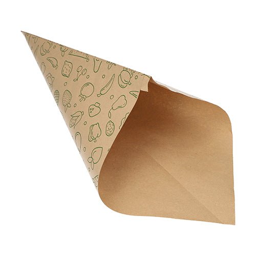 1000 rożków papierowych PAPSTAR, brązowy papier kraftowy "Fruits & Vegs" od PAPSTAR GmbH to stylowa, ekologiczna torba z zielonym motywem owoców i warzyw wewnątrz, idealna do zrównoważonego serwowania przekąsek. Prezentowana pusta na białym tle.