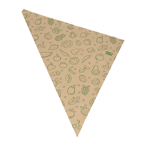 1000 rożków papierowych PAPSTAR GmbH to brązowe, trójkątne torby z papieru kraftowego z zielonym nadrukiem owoców i warzyw - idealne jako ekologiczne torby do transportu owoców i warzyw.