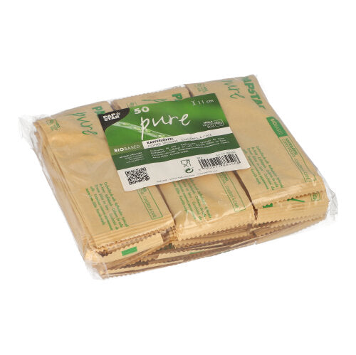 Eine transparente Kunststoffverpackung der PAPSTAR GmbH enthält 50 braune „pure“-Kaffeelöffel aus Holz (11 cm), jeweils einzeln im Papierbeutel verpackt. Das grün-weiße Etikett zeigt Produktinformationen, einen QR-Code und das „pure“-Branding.