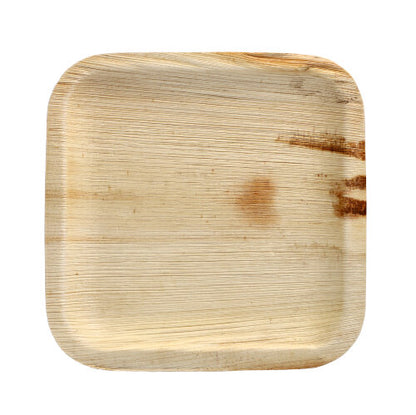 Der PAPSTAR 25 Teller der PAPSTAR GmbH ist ein quadratischer, heller Palmblattteller mit abgerundeten Ecken, glatter Struktur, sichtbarer natürlicher Maserung und einer dunkelbraunen Beize auf der rechten Seite – ideal für besondere Anlässe vor weißem Hintergrund.