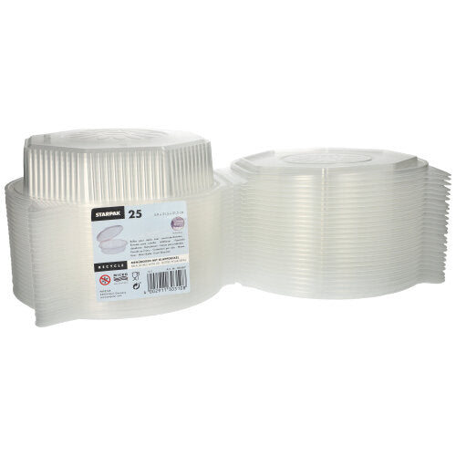 Dwa stosy Starpak 25 pudełek na menu z klapkami, PP przezroczyste i ośmiokątne (5,9 x 21,5 x 21,5 cm) są przedstawione obok siebie. Idealne do przechowywania żywności lub serwowania posiłków na każdej imprezie.
