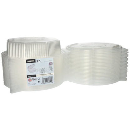 Dwa stosy Starpak 25 pudełek na menu z klapkami, PP przezroczyste i ośmiokątne (5,9 x 21,5 x 21,5 cm) są przedstawione obok siebie. Idealne do przechowywania żywności lub serwowania posiłków na każdej imprezie.