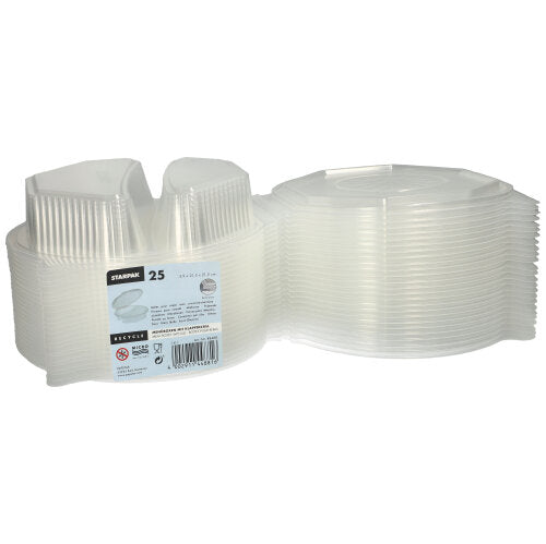 Pokazany jest stos 25 pudełek Starpak na menu z klapkami, z przezroczystego PP (ośmiokątny, 5,9 x 21,5 x 21,5 cm). Etykieta zawiera informacje o marce i wskazówki dotyczące użytkowania – idealne do przechowywania żywności lub serwowania.
