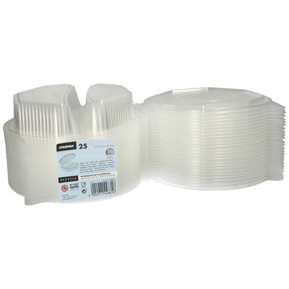 Pokazany jest stos 25 pudełek Starpak na menu z klapkami, z przezroczystego PP (ośmiokątny, 5,9 x 21,5 x 21,5 cm). Etykieta zawiera informacje o marce i wskazówki dotyczące użytkowania – idealne do przechowywania żywności lub serwowania.