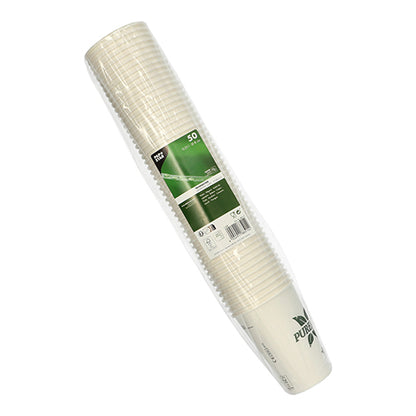 Opakowanie zawierające 50 białych PAPSTAR kubków papierowych Pure Joy (Ø 8 cm, 10,8 cm wysokości) od PAPSTAR GmbH, zapakowane w przezroczysty plastik z zielono-białą etykietą zawierającą informacje o produkcie i markę.