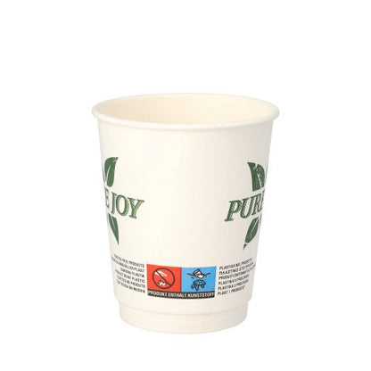 Kubek PAPSTAR dwuścienny (8 cm, biały, "Czysta radość") firmy PAPSTAR GmbH ma zielony wzór liści, symbole ekologiczne w dolnej części i oferuje przyjazny dla środowiska wybór w opakowaniu po 20 sztuk.