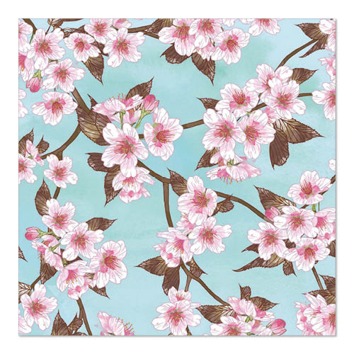 Die PAPSTAR GmbH 20 Servietten, 33 cm x 33 cm, 3-lagig (Design Set 5), zeigen rosafarbene Kirschblüten mit braunen Zweigen und Blättern auf hellblauem Hintergrund, die vollflächig auf die Serviette gedruckt sind.