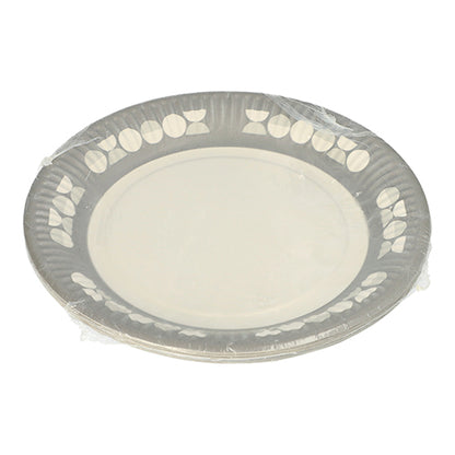 Ein Stapel von PAPSTAR 10 Tellern, Pappe rund Ø 23 cm, der PAPSTAR GmbH, in transparenter Folie verpackt. Jeder Einwegteller ist mit einem dezenten Blatt- und Punktrand versehen – ideal für Partys und Veranstaltungen.