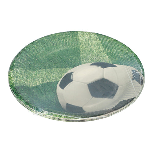 Die PAPSTAR 10 Teller, Pappe rund Ø 23 cm von PAPSTAR GmbH mit Fußball-Design auf Gras sind perfekt für Partys und Events und werden in klarer Kunststofffolie verpackt.