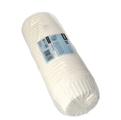 Opakowanie zawierające 25 białych kubków na zupę Starpak "To Go", PP, 500 ml, Ø 11,5 cm, zapakowane w przezroczystą plastikową folię z niebiesko-czarną etykietą.