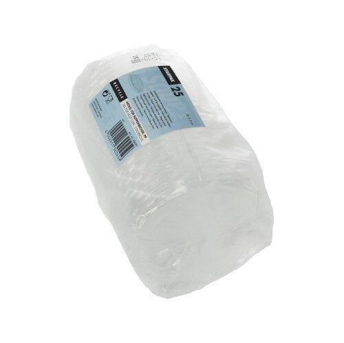 Opakowanie zawinięte w przezroczystą folię plastikową z 25 przezroczystymi pokrywkami Starpak „To Go” z PP (średnica 11,5 cm) z niebiesko-białą etykietą z informacjami o produkcie.