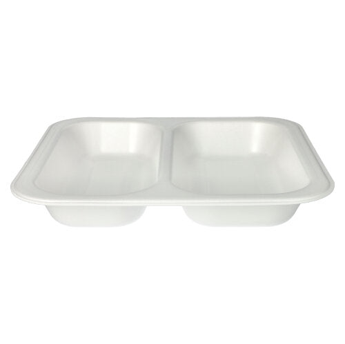 Die Starpak 50 Siegelschalen sind weiße, laminierte, rechteckige Einwegschalen (XPS, 4,2 x 24,5 x 26,5 cm) mit zwei Fächern – ideal für die Gastronomie zum hygienischen Verpacken und Präsentieren von Speisen.