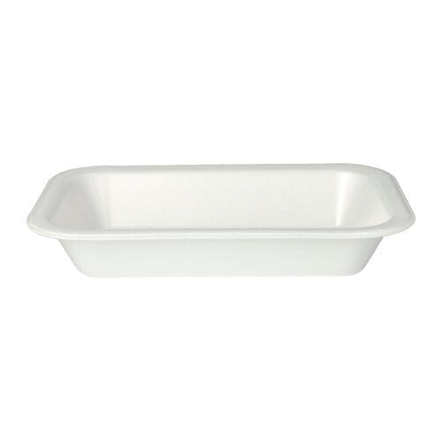 Starpak 100 miski uszczelniające to proste, prostokątne, biało laminowane miski XPS na żywność z lekko podniesionymi krawędziami od Starpak - idealne do zastosowania w gastronomii i na zdjęciu przedstawione na białym tle.