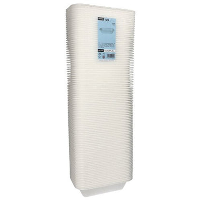 Przedstawiony jest wysoki stos Starpak 100 misek uszczelniających, XPS biały laminowany, w folii plastikowej z niebieską etykietą z przodu z informacjami o produkcie - idealne do zastosowania w gastronomii.