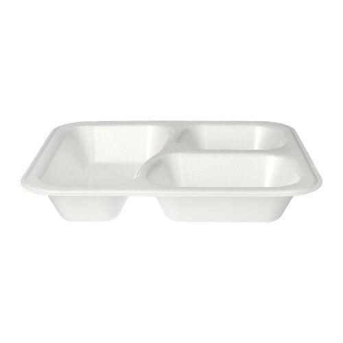 Starpak 100 miski uszczelniające to białe, laminowane miski spożywcze XPS z trzema przegrodami (925 ml, 4,2 x 21,2 x 25 cm), idealne do oddzielania żywności. Dostarczane w opakowaniu po 100 sztuk w folii.