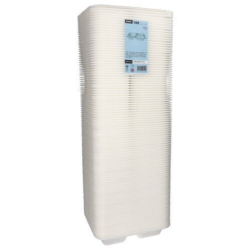 Stos 100 misek uszczelniających Starpak, XPS 3-dzielonych, 925 ml owalnych, białych laminowanych talerzy (4,2 x 21,2 x 25 cm), używanych jako opakowanie na żywność, z etykietą produktu, przedstawiony na prostym białym tle.